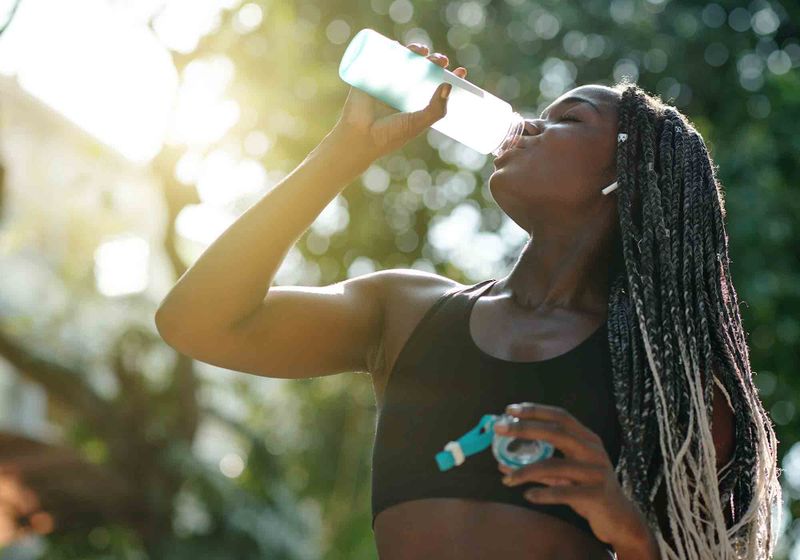 Imagem de uma mulher se hidratando com água