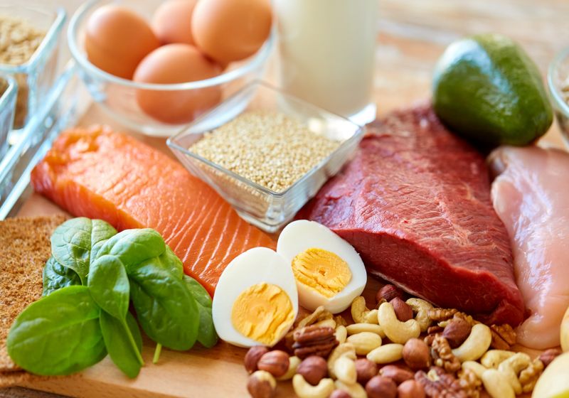Alimentos proteicos ovos carnes e grãos